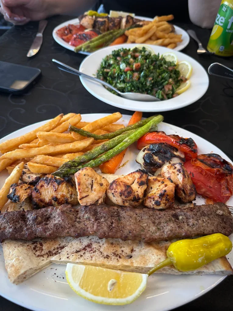 Mixed grilled chicken and kebab platter with fries and vegetables